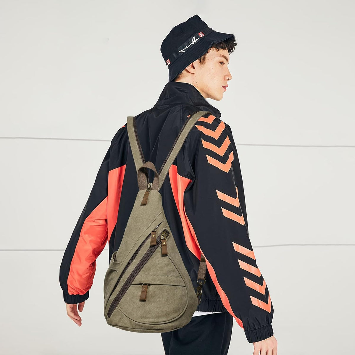 Canvas Sling Bag - Small Crossbody Backpack Shoulder Casual Daypack Rucksack for Men Women(Large Version,Khaki)
