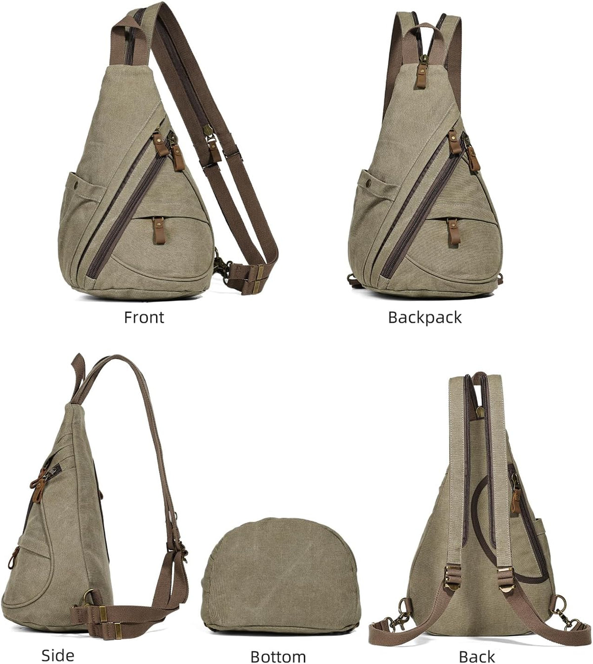 Canvas Sling Bag - Small Crossbody Backpack Shoulder Casual Daypack Rucksack for Men Women(Large Version,Khaki)
