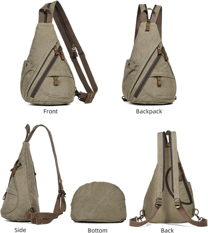 Canvas Sling Bag - Small Crossbody Backpack Shoulder Casual Daypack Rucksack for Men Women(Large Version,Khaki)