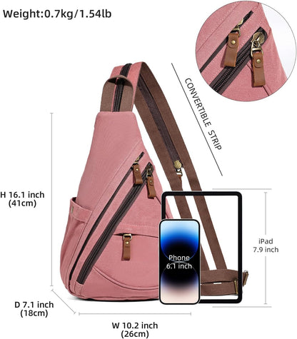 Canvas Sling Bag - Small Crossbody Backpack Shoulder Casual Daypack Rucksack for Men Women(Large Version,Khaki)