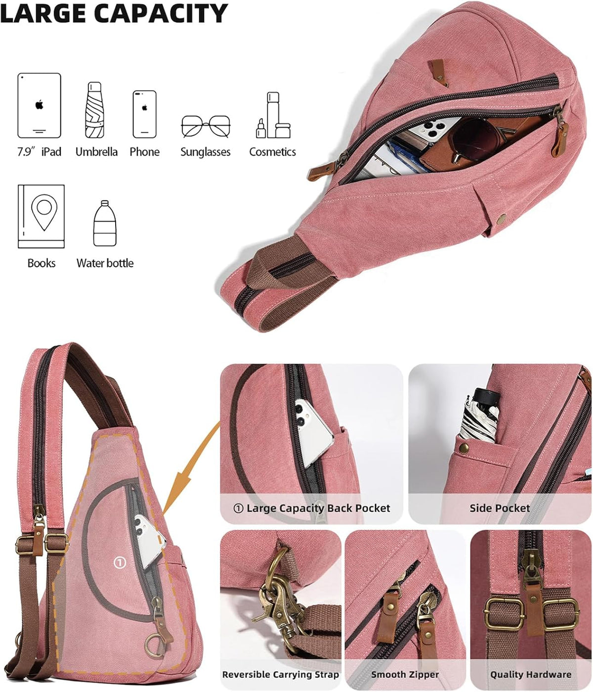 Canvas Sling Bag - Small Crossbody Backpack Shoulder Casual Daypack Rucksack for Men Women(Large Version,Khaki)