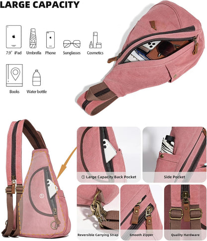 Canvas Sling Bag - Small Crossbody Backpack Shoulder Casual Daypack Rucksack for Men Women(Large Version,Khaki)