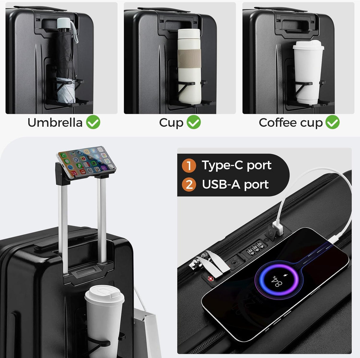 Carry on Luggage Top opening Suitcases, Expandable with Cup Holder and USB Charging Port,Lightweight with Front Pocket Rolling Suitcases with Spinner Wheels