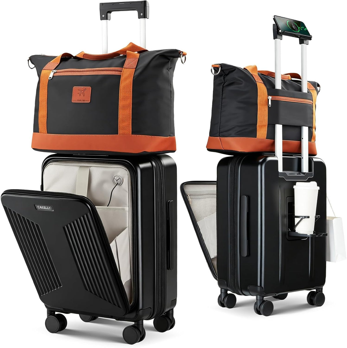 Carry on Luggage Top opening Suitcases, Expandable with Cup Holder and USB Charging Port,Lightweight with Front Pocket Rolling Suitcases with Spinner Wheels