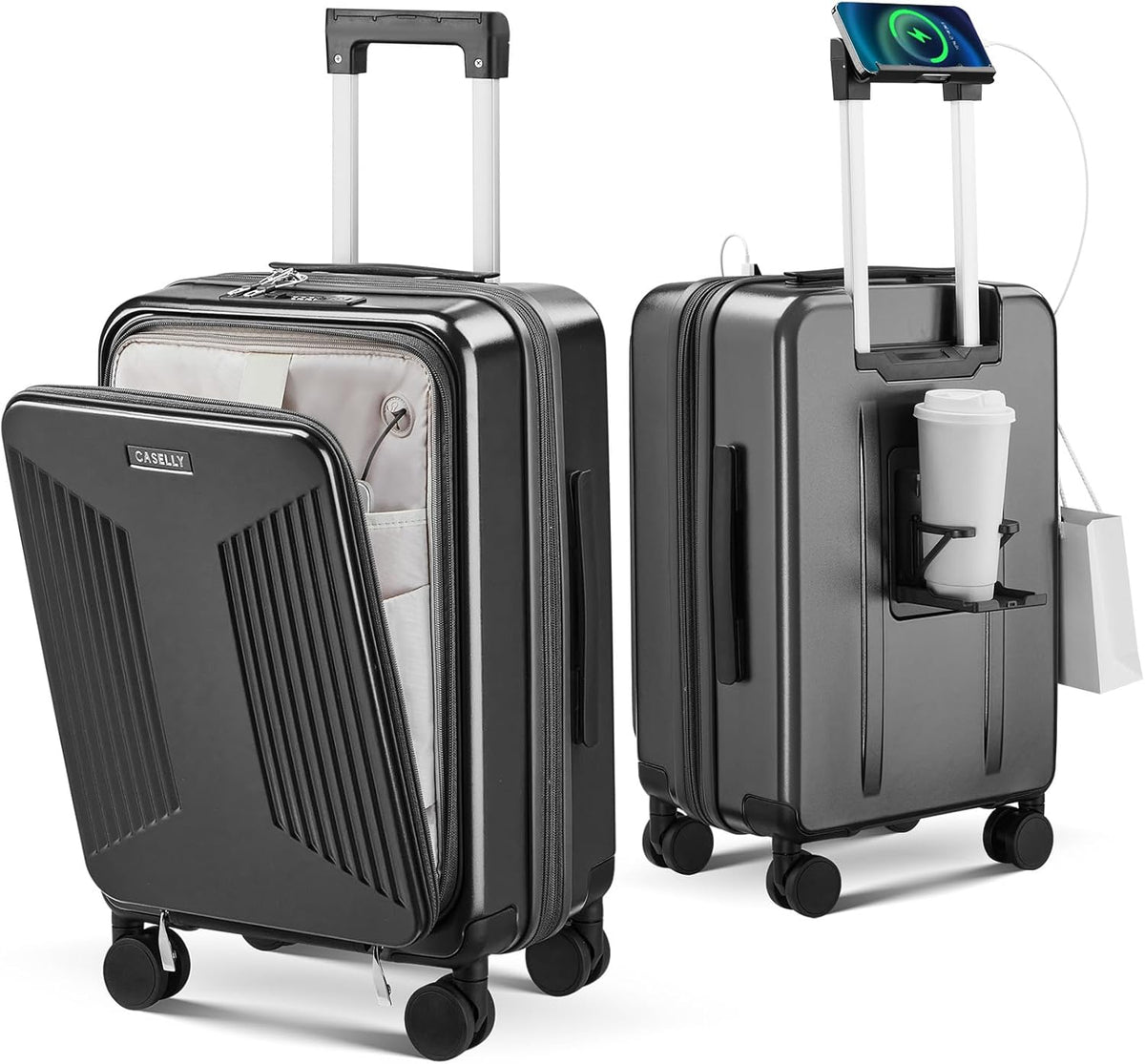 Carry on Luggage Top opening Suitcases, Expandable with Cup Holder and USB Charging Port,Lightweight with Front Pocket Rolling Suitcases with Spinner Wheels