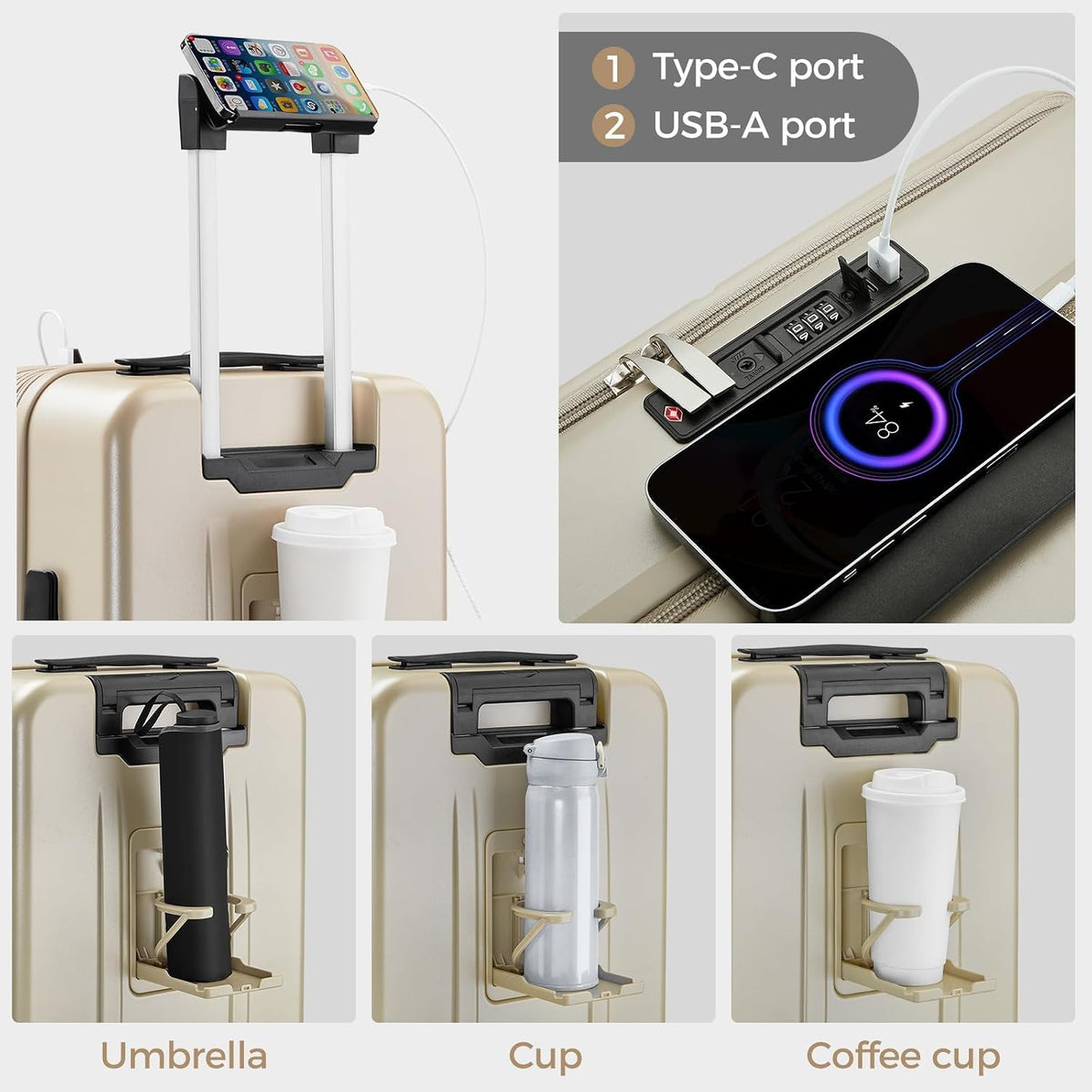 Carry on Luggage Top opening Suitcases, Expandable with Cup Holder and USB Charging Port,Lightweight with Front Pocket Rolling Suitcases with Spinner Wheels