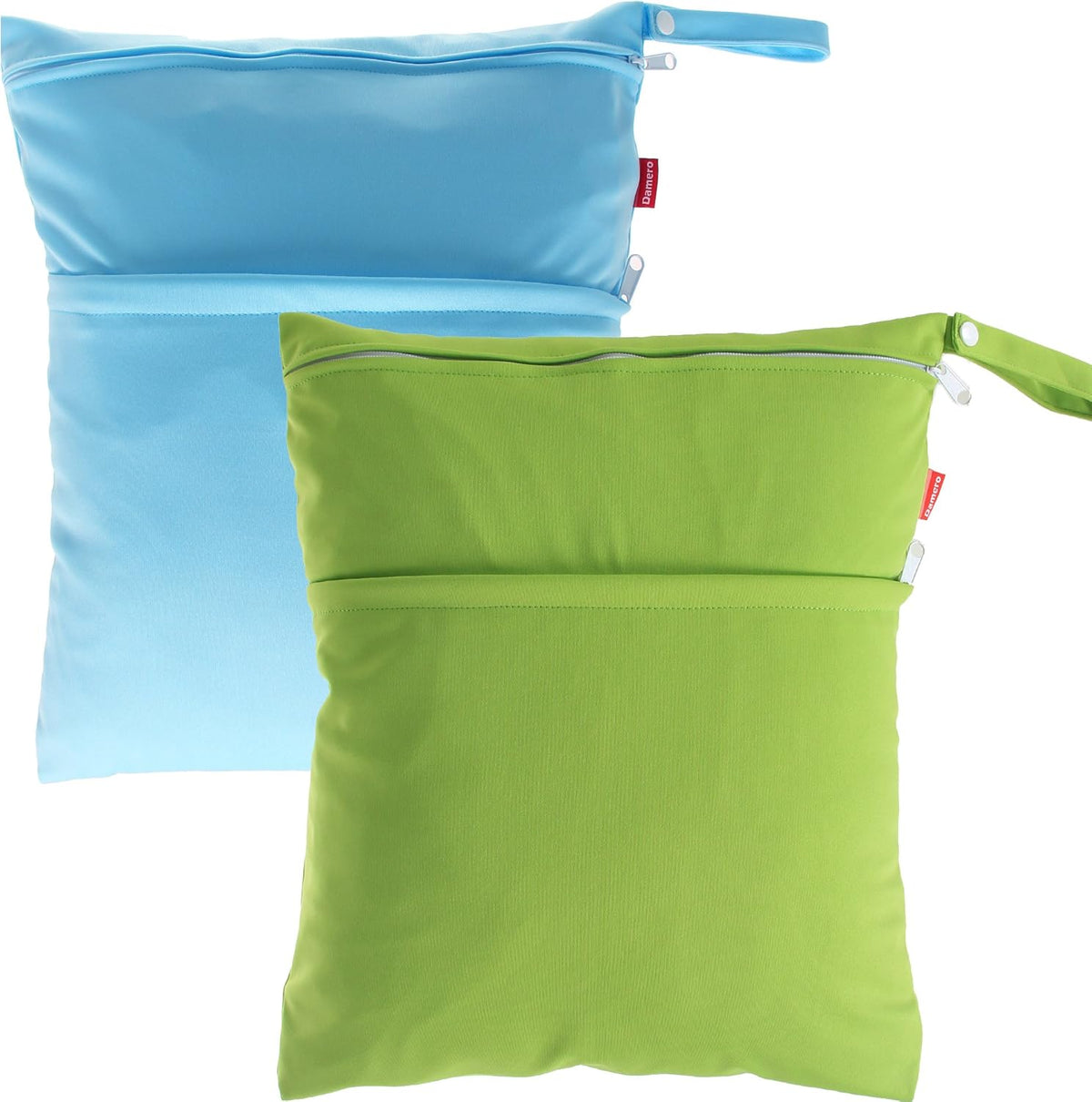 2 Pack Travel Wet Dry Bag Organizer with 2 Pockets and Handle for Cloth Diaper, Baby Clothes, Pumping Parts, Swimsuit and More, Cute and Spacious, Easy to Grab and GO(Medium, Green+Light Blue)