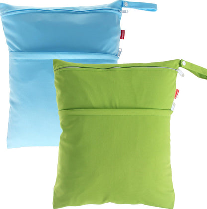 2 Pack Travel Wet Dry Bag Organizer with 2 Pockets and Handle for Cloth Diaper, Baby Clothes, Pumping Parts, Swimsuit and More, Cute and Spacious, Easy to Grab and GO(Medium, Green+Light Blue)