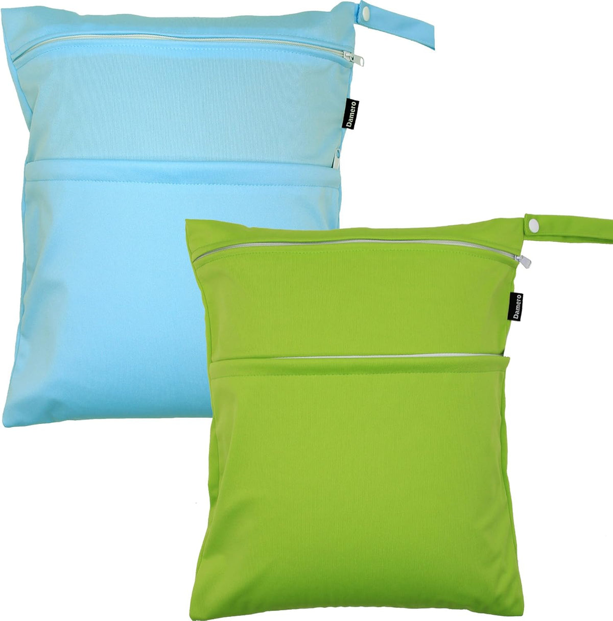2 Pack Travel Wet Dry Bag Organizer with 2 Pockets and Handle for Cloth Diaper, Baby Clothes, Pumping Parts, Swimsuit and More, Cute and Spacious, Easy to Grab and GO(Medium, Green+Light Blue)
