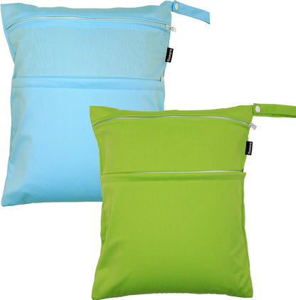 2 Pack Travel Wet Dry Bag Organizer with 2 Pockets and Handle for Cloth Diaper, Baby Clothes, Pumping Parts, Swimsuit and More, Cute and Spacious, Easy to Grab and GO(Medium, Green+Light Blue)