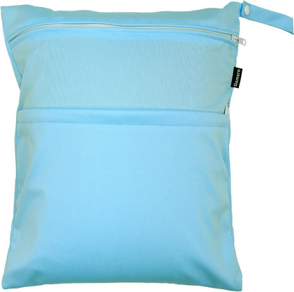 2 Pack Travel Wet Dry Bag Organizer with 2 Pockets and Handle for Cloth Diaper, Baby Clothes, Pumping Parts, Swimsuit and More, Cute and Spacious, Easy to Grab and GO(Medium, Green+Light Blue)