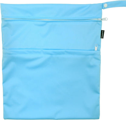 2 Pack Travel Wet Dry Bag Organizer with 2 Pockets and Handle for Cloth Diaper, Baby Clothes, Pumping Parts, Swimsuit and More, Cute and Spacious, Easy to Grab and GO(Medium, Green+Light Blue)