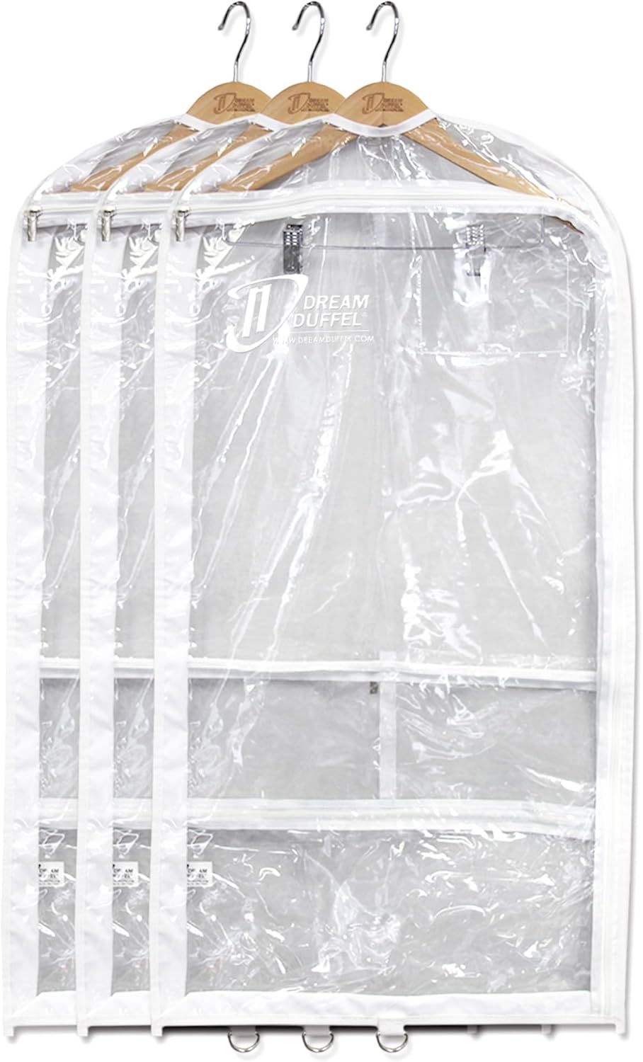 Clear Garment Bags for Dance Costumes 3-Pack, Regular-Size, Side Zipper Entry, Storage Pockets for Shoes & Accessories, Size 37”x18”