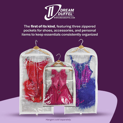 Clear Garment Bags for Dance Costumes 3-Pack, Regular-Size, Side Zipper Entry, Storage Pockets for Shoes & Accessories, Size 37”x18”