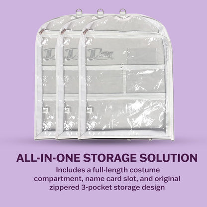 Clear Garment Bags for Dance Costumes 3-Pack, Regular-Size, Side Zipper Entry, Storage Pockets for Shoes & Accessories, Size 37”x18”