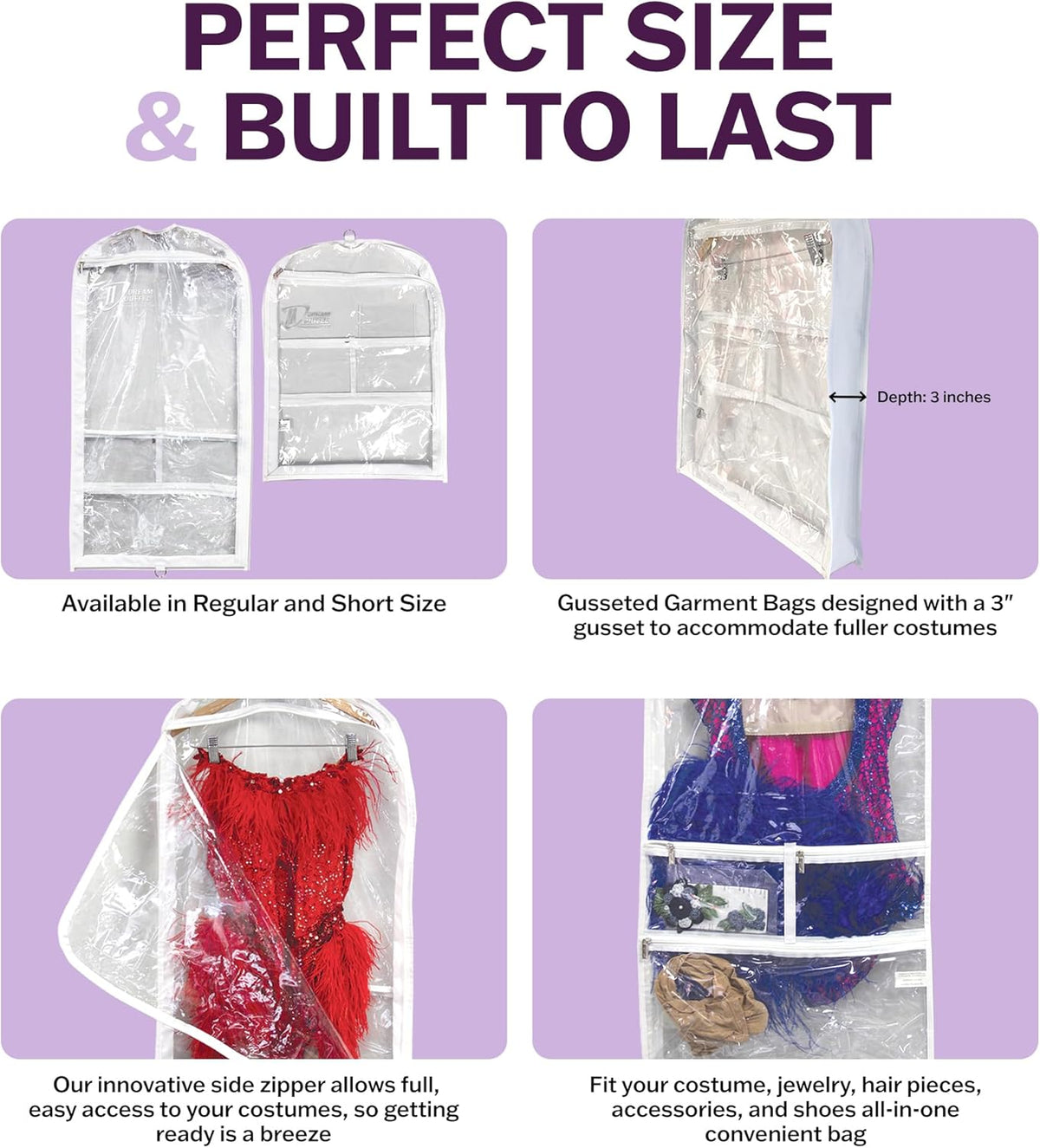 Clear Garment Bags for Dance Costumes 3-Pack, Regular-Size, Side Zipper Entry, Storage Pockets for Shoes & Accessories, Size 37”x18”