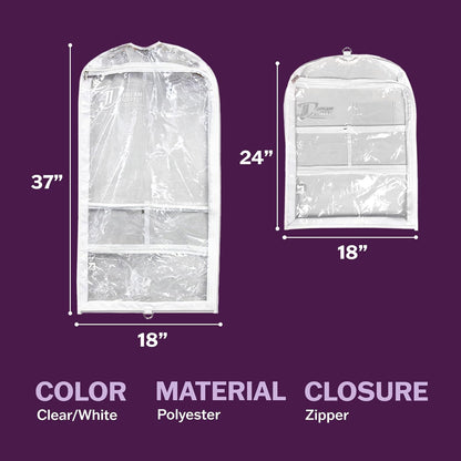 Clear Garment Bags for Dance Costumes 3-Pack, Regular-Size, Side Zipper Entry, Storage Pockets for Shoes & Accessories, Size 37”x18”