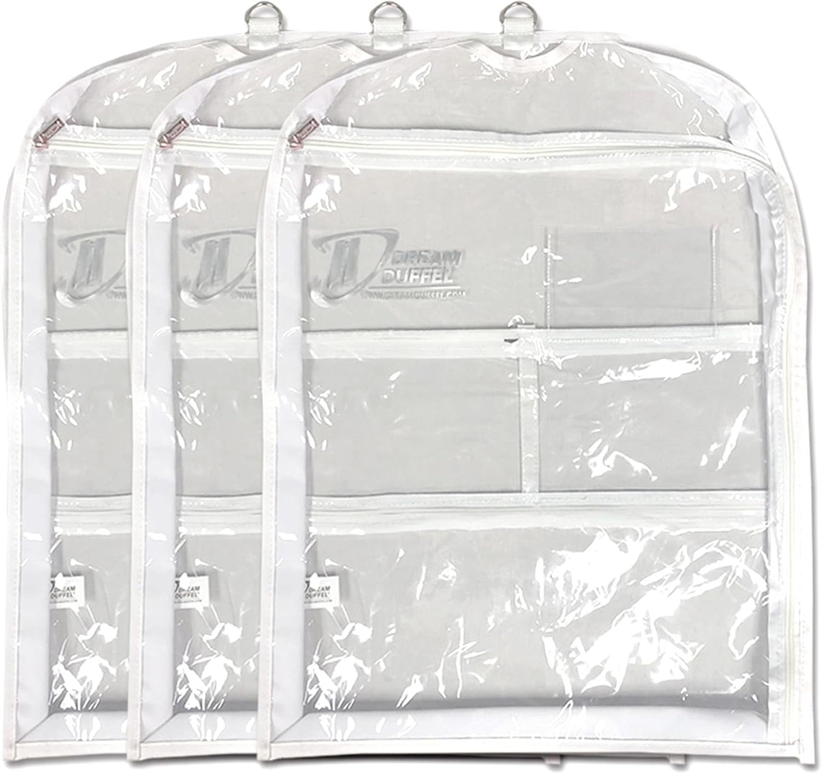 Clear Garment Bags for Dance Costumes 3-Pack, Regular-Size, Side Zipper Entry, Storage Pockets for Shoes & Accessories, Size 37”x18”