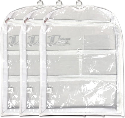 Clear Garment Bags for Dance Costumes 3-Pack, Regular-Size, Side Zipper Entry, Storage Pockets for Shoes & Accessories, Size 37”x18”