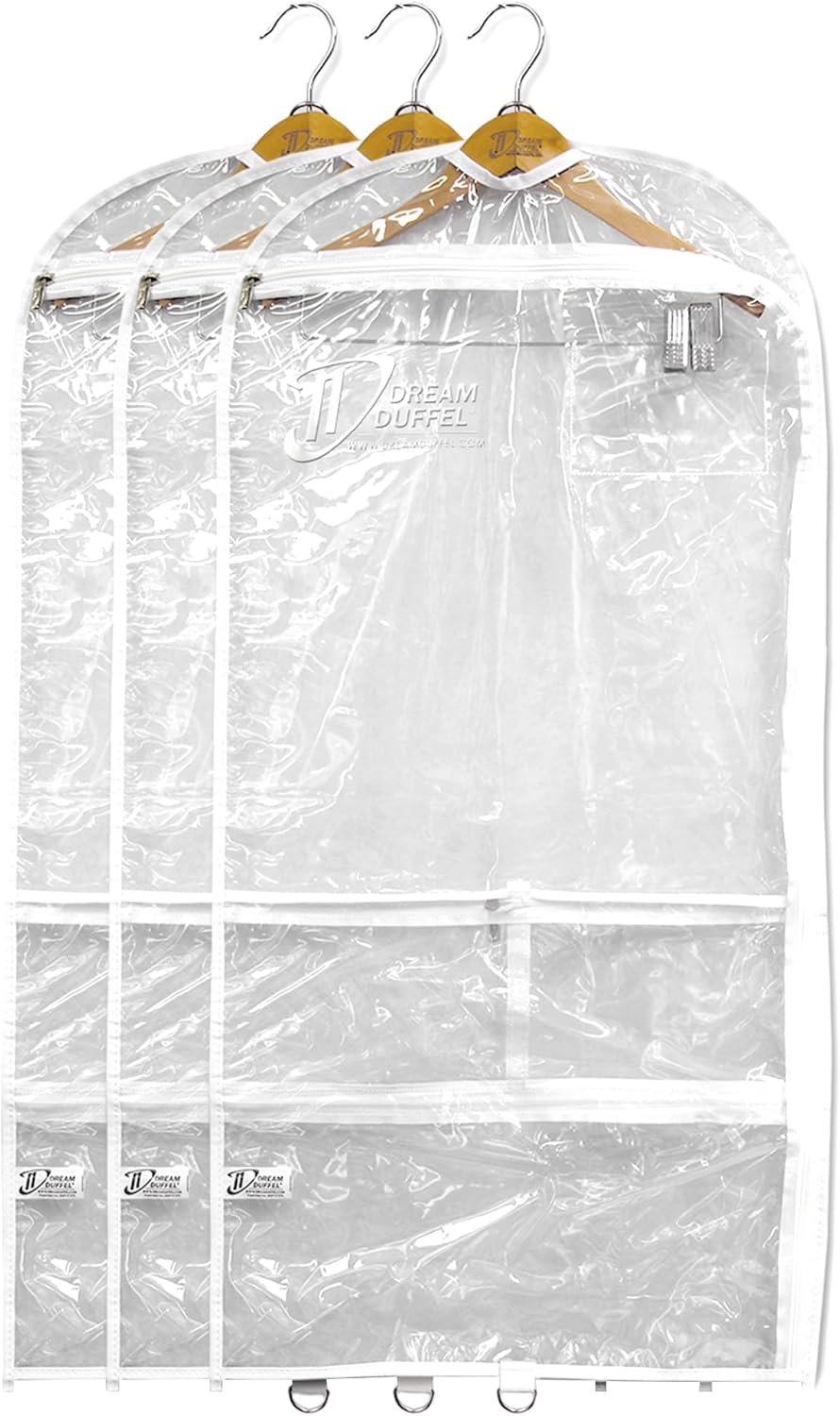 Clear Garment Bags for Dance Costumes 3-Pack, Regular-Size, Side Zipper Entry, Storage Pockets for Shoes & Accessories, Size 37”x18”