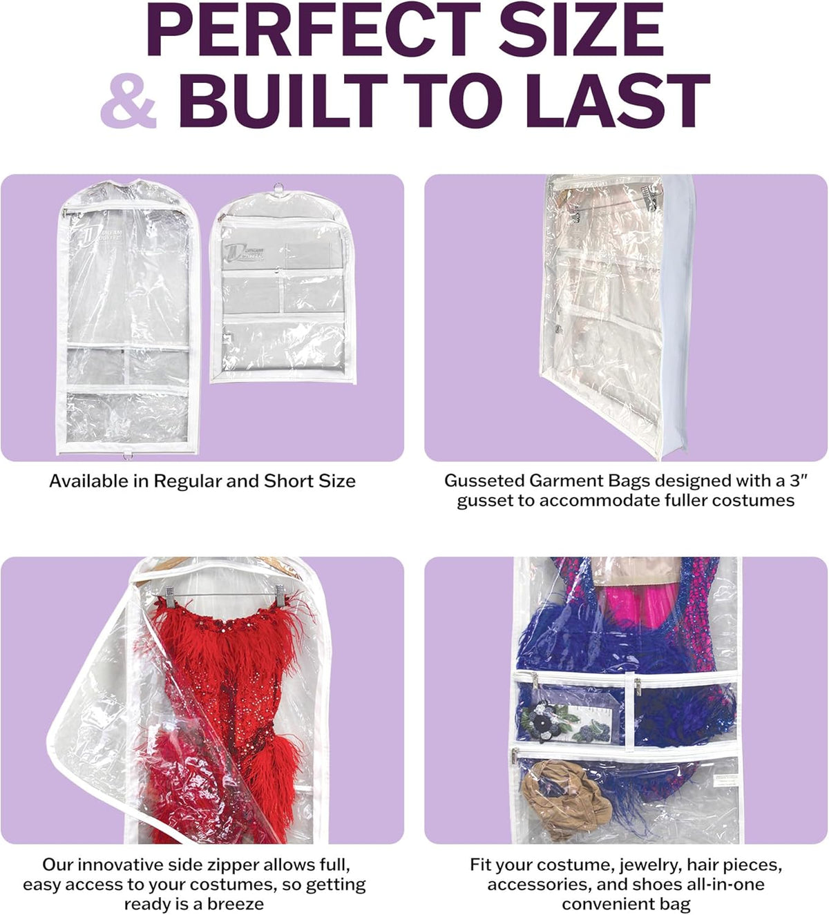 Clear Garment Bags for Dance Costumes 3-Pack, Regular-Size, Side Zipper Entry, Storage Pockets for Shoes & Accessories, Size 37”x18”