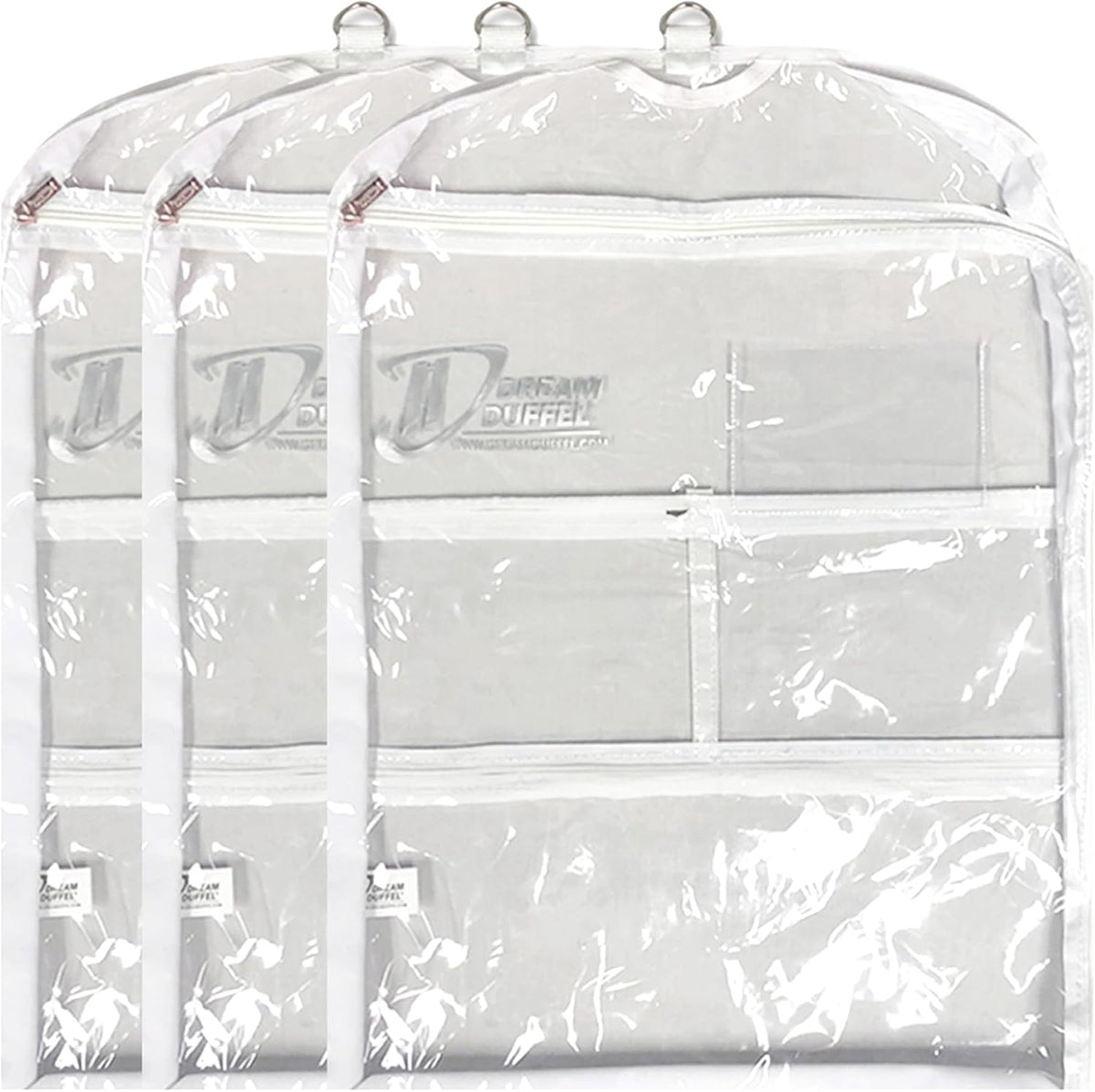Clear Garment Bags for Dance Costumes 3-Pack, Regular-Size, Side Zipper Entry, Storage Pockets for Shoes & Accessories, Size 37”x18”
