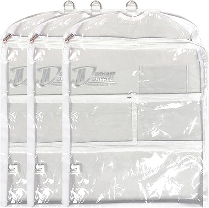 Clear Garment Bags for Dance Costumes 3-Pack, Regular-Size, Side Zipper Entry, Storage Pockets for Shoes & Accessories, Size 37”x18”