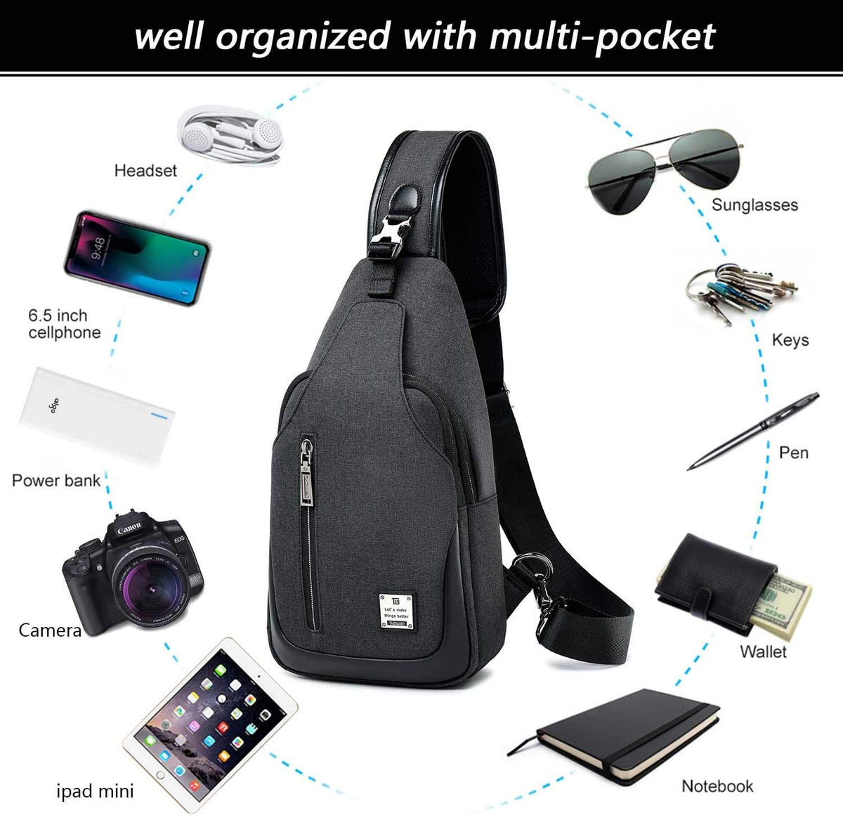 Small Sling Bag Crossbody Backpack Over the Shoulder Bag for Men Women Travel Outdoors, Lightweight Chest Pack (Large,Black)