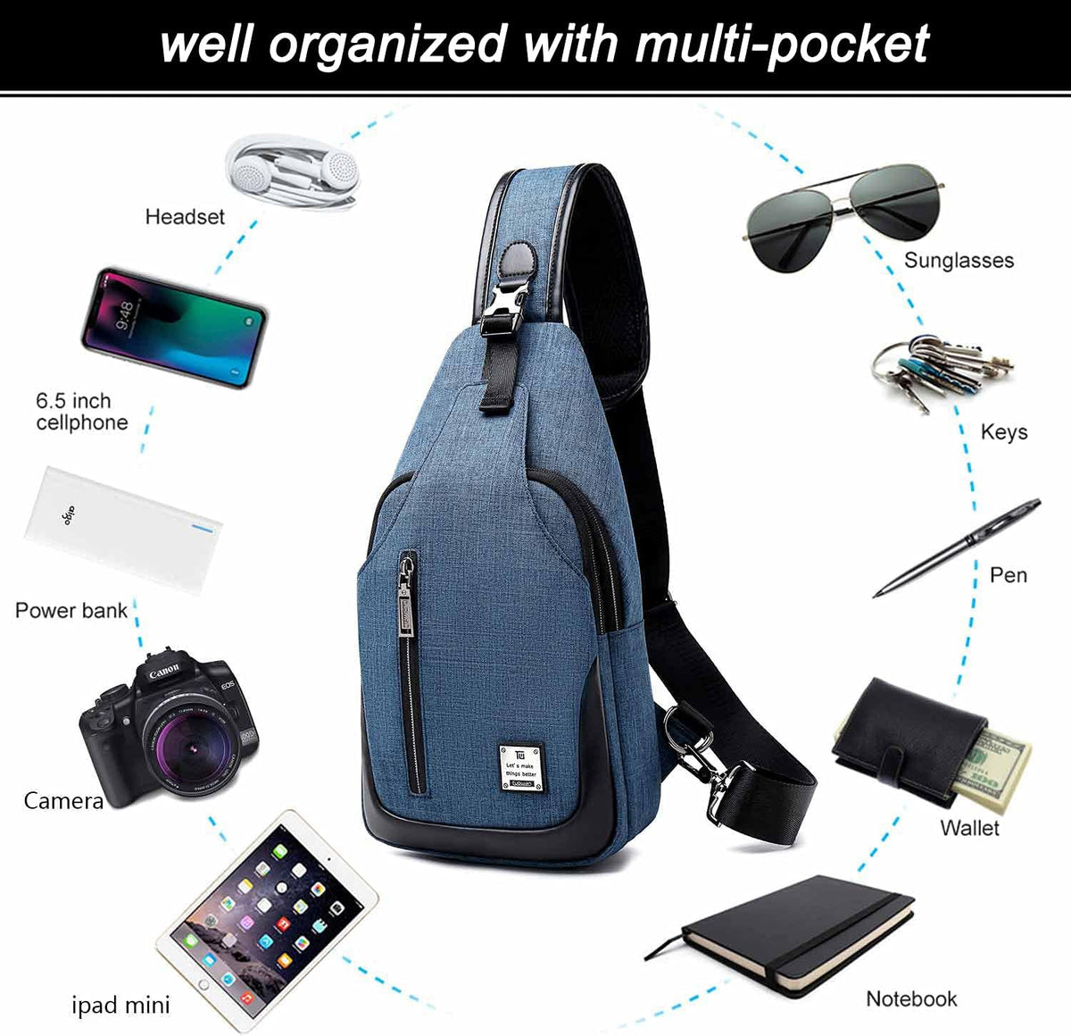 Small Sling Bag Crossbody Backpack Over the Shoulder Bag for Men Women Travel Outdoors, Lightweight Chest Pack (Large,Black)