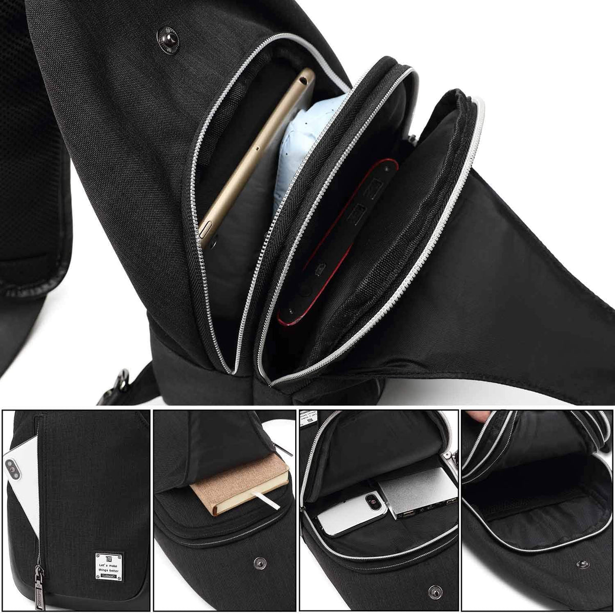 Small Sling Bag Crossbody Backpack Over the Shoulder Bag for Men Women Travel Outdoors, Lightweight Chest Pack (Large,Black)