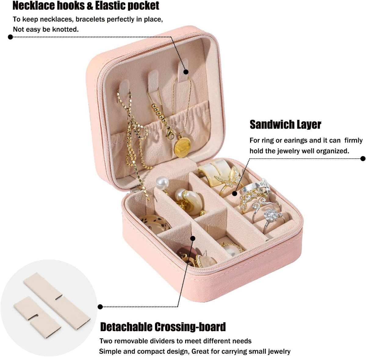 Mini Jewelry Travel Case, PU Leather Travel Jewelry Organizer Box, Small Portable Portable Jewellery Storage Holder for Womens Rings Earrings Necklaces Bracelets (Black)
