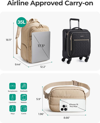 35L Travel Backpack for Women, 17.3" Carry-On Personal Item | Flight Approved, 180° Opening, Wet/Dry Pocket, Free Crossbody Bag, Shoe Compartment, Luggage Sleeve, Water Resistant