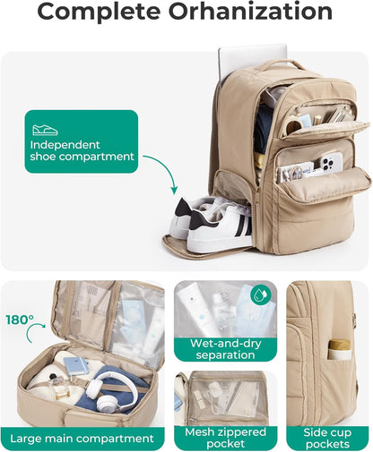 35L Travel Backpack for Women, 17.3" Carry-On Personal Item | Flight Approved, 180° Opening, Wet/Dry Pocket, Free Crossbody Bag, Shoe Compartment, Luggage Sleeve, Water Resistant