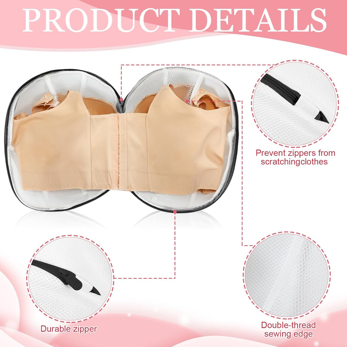 6 Pieces Bra Washing Bag for Laundry Mesh Wash Lingerie Underwear Brassiere Washing Bags with Zipper for Women Laundry Storage(7.87 Inch,Pink)