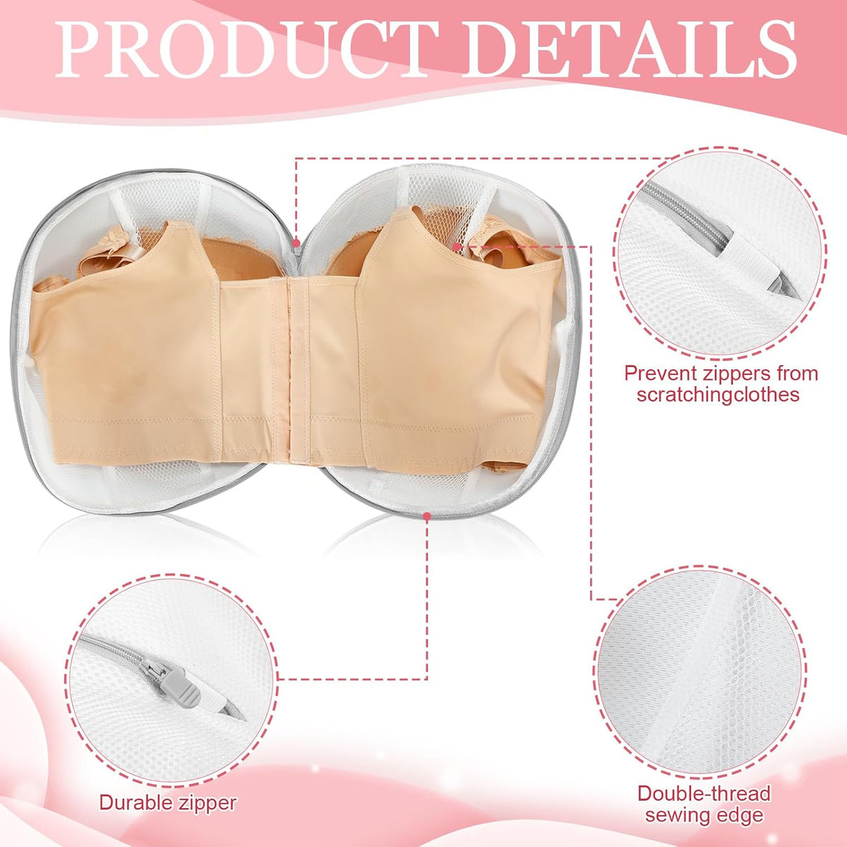 6 Pieces Bra Washing Bag for Laundry Mesh Wash Lingerie Underwear Brassiere Washing Bags with Zipper for Women Laundry Storage(7.87 Inch,Pink)