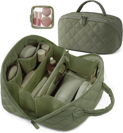 Travel Makeup Bag for Woman,Toiletry Bag Organizer, Wide Open Lay-Flat Water-Resistant Large Cosmetic Case, Puffy Padded Travel Organizer for Toiletries & Brushes Large Capacity with Compartments