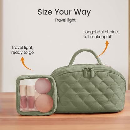 Travel Makeup Bag for Woman,Toiletry Bag Organizer, Wide Open Lay-Flat Water-Resistant Large Cosmetic Case, Puffy Padded Travel Organizer for Toiletries & Brushes Large Capacity with Compartments
