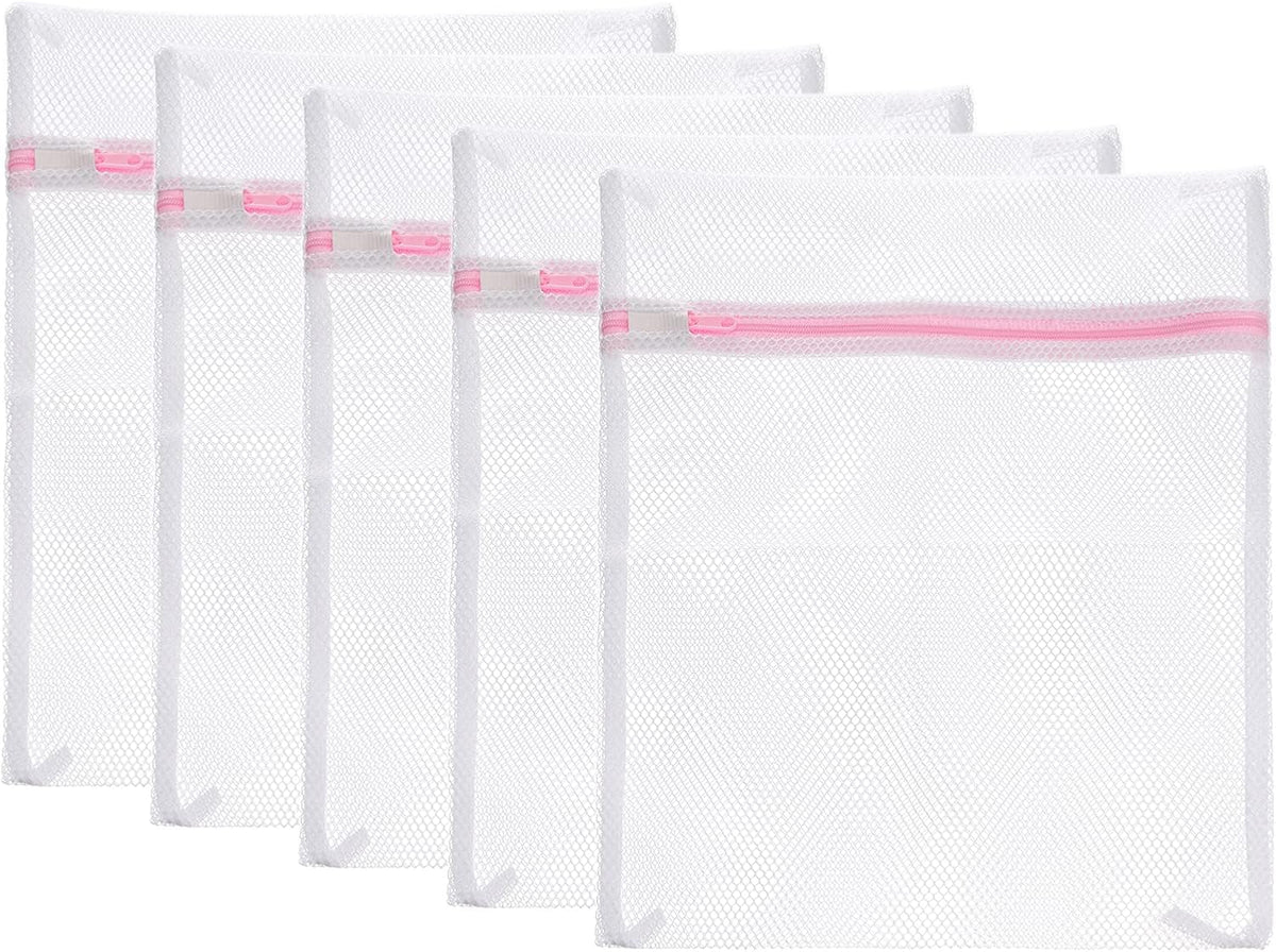 Mesh Laundry Bags, 5Pcs 9.1"x11.8" Mesh Wash Bag Travel Storage Organize Bags with Zipper for Delicate Clothing Laundry Stocking, Pink