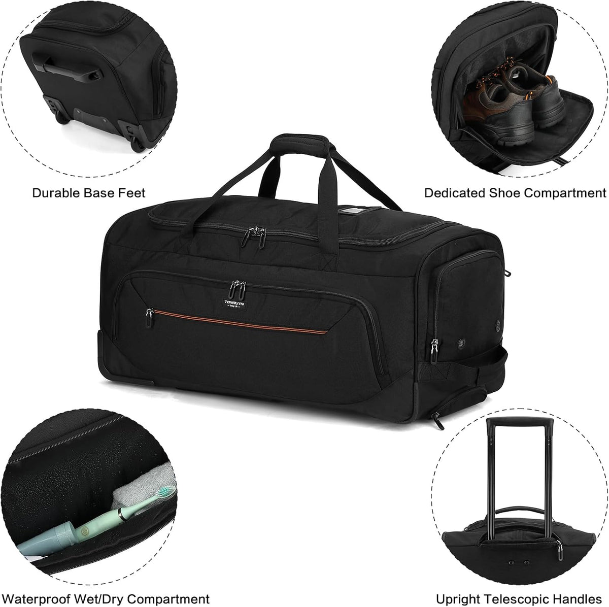 Large Rolling Duffle Bag with Wheels and Handle 85L 29 inch Travel Duffel Bag for Men Women with Shoe Compartment & Wet Pocket, 2 Wheeled Checked Luggage for Business Travel Long Trips, Black