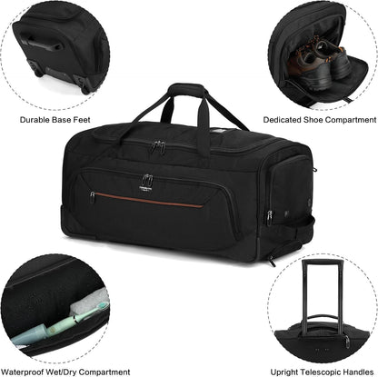 Large Rolling Duffle Bag with Wheels and Handle 85L 29 inch Travel Duffel Bag for Men Women with Shoe Compartment & Wet Pocket, 2 Wheeled Checked Luggage for Business Travel Long Trips, Black