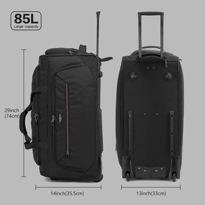 Large Rolling Duffle Bag with Wheels and Handle 85L 29 inch Travel Duffel Bag for Men Women with Shoe Compartment & Wet Pocket, 2 Wheeled Checked Luggage for Business Travel Long Trips, Black