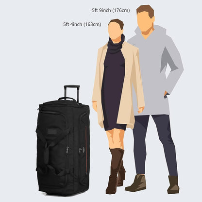Large Rolling Duffle Bag with Wheels and Handle 85L 29 inch Travel Duffel Bag for Men Women with Shoe Compartment & Wet Pocket, 2 Wheeled Checked Luggage for Business Travel Long Trips, Black