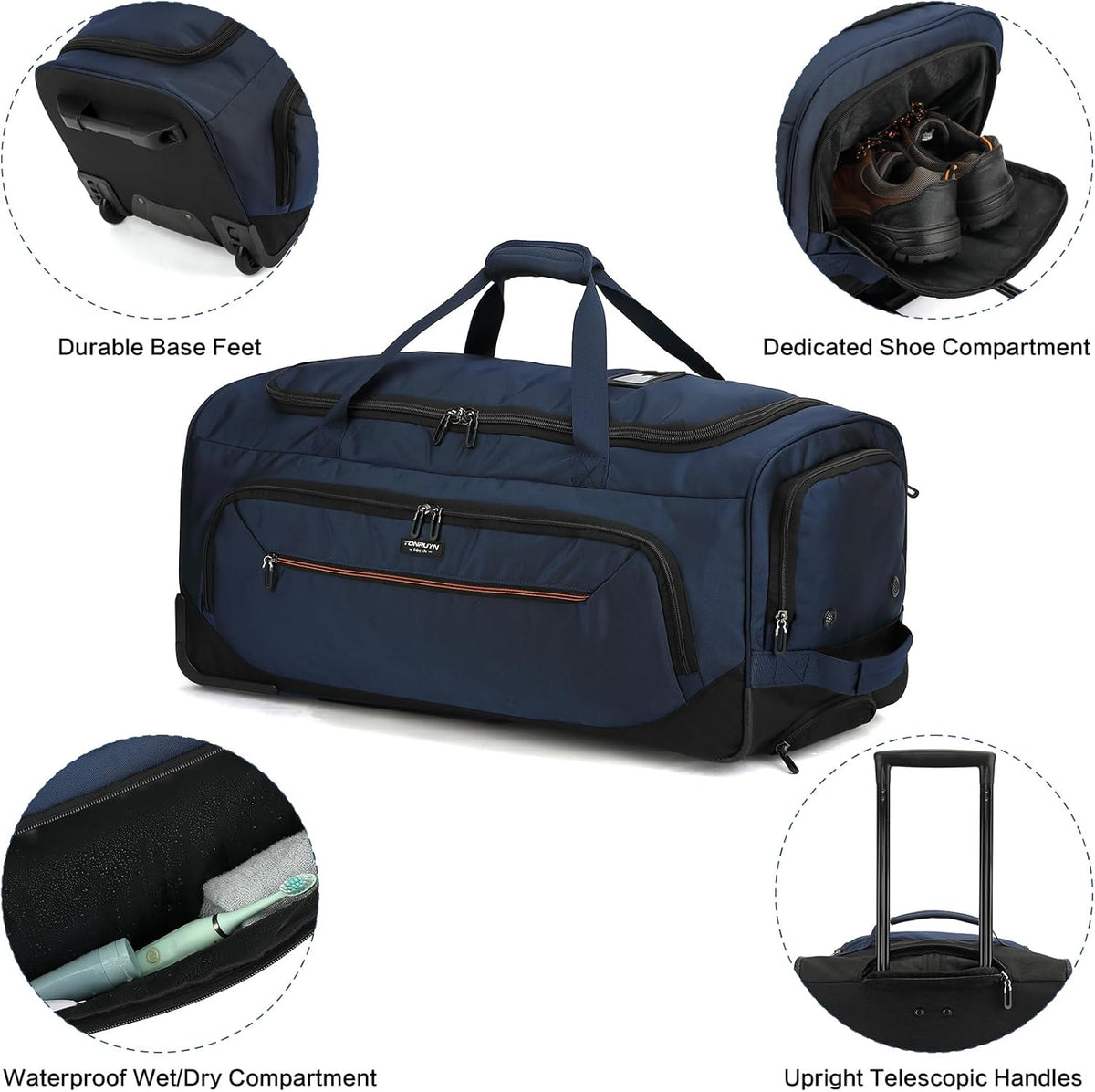 Large Rolling Duffle Bag with Wheels and Handle 85L 29 inch Travel Duffel Bag for Men Women with Shoe Compartment & Wet Pocket, 2 Wheeled Checked Luggage for Business Travel Long Trips, Black
