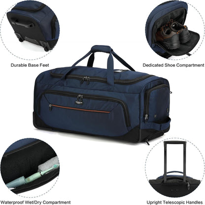 Large Rolling Duffle Bag with Wheels and Handle 85L 29 inch Travel Duffel Bag for Men Women with Shoe Compartment & Wet Pocket, 2 Wheeled Checked Luggage for Business Travel Long Trips, Black