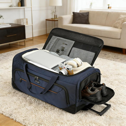 Large Rolling Duffle Bag with Wheels and Handle 85L 29 inch Travel Duffel Bag for Men Women with Shoe Compartment & Wet Pocket, 2 Wheeled Checked Luggage for Business Travel Long Trips, Black