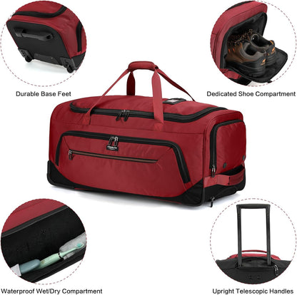 Large Rolling Duffle Bag with Wheels and Handle 85L 29 inch Travel Duffel Bag for Men Women with Shoe Compartment & Wet Pocket, 2 Wheeled Checked Luggage for Business Travel Long Trips, Black