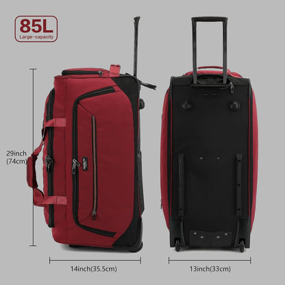 Large Rolling Duffle Bag with Wheels and Handle 85L 29 inch Travel Duffel Bag for Men Women with Shoe Compartment & Wet Pocket, 2 Wheeled Checked Luggage for Business Travel Long Trips, Black