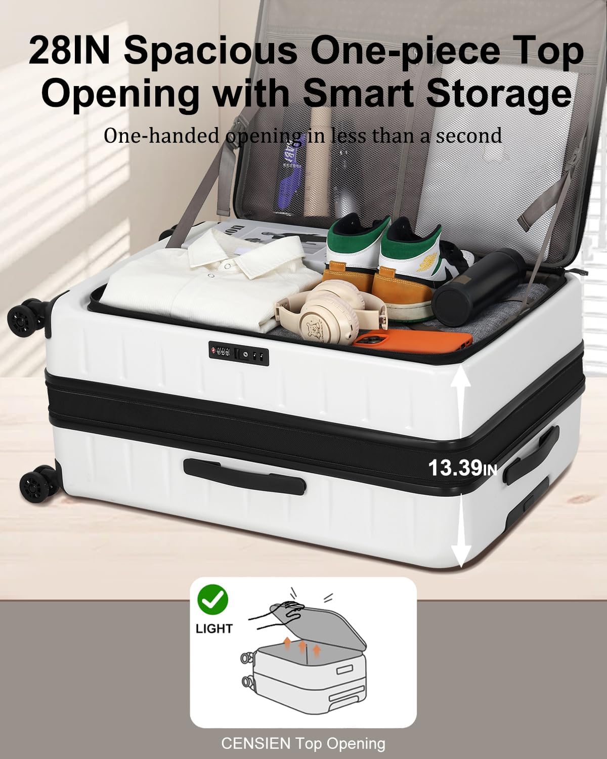 16 Inch Underseat Carry On Luggage Airline Approved, Expandable Lightweight ABS+PC Hard Shell Suitcases with 360° Spinner Wheels, TSA Lock, YKK Zipper, for Business Weekender (White, 1 PC)