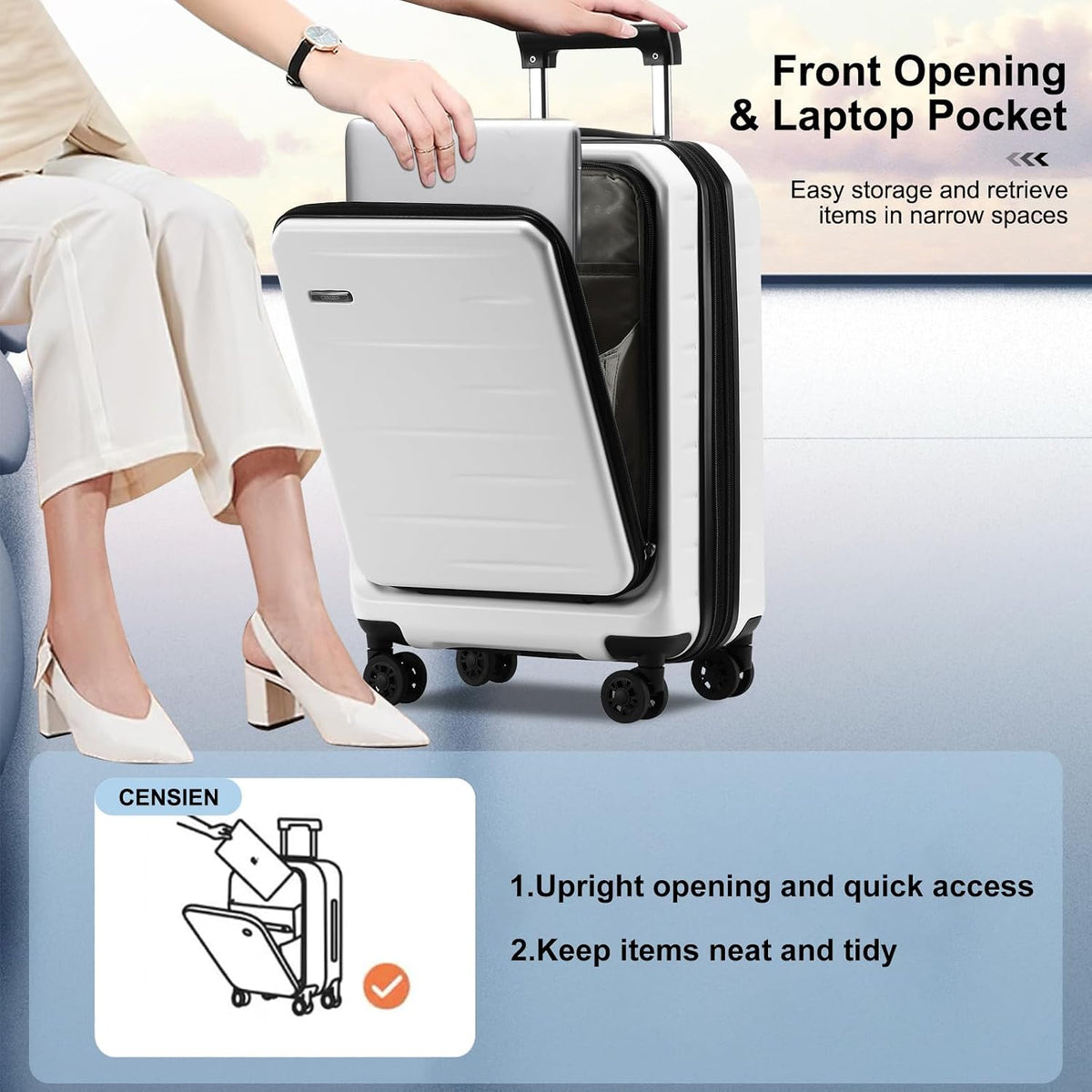 16 Inch Underseat Carry On Luggage Airline Approved, Expandable Lightweight ABS+PC Hard Shell Suitcases with 360° Spinner Wheels, TSA Lock, YKK Zipper, for Business Weekender (White, 1 PC)