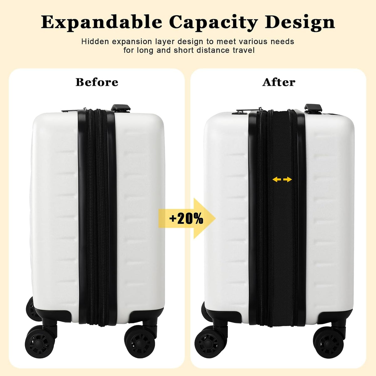 16 Inch Underseat Carry On Luggage Airline Approved, Expandable Lightweight ABS+PC Hard Shell Suitcases with 360° Spinner Wheels, TSA Lock, YKK Zipper, for Business Weekender (White, 1 PC)
